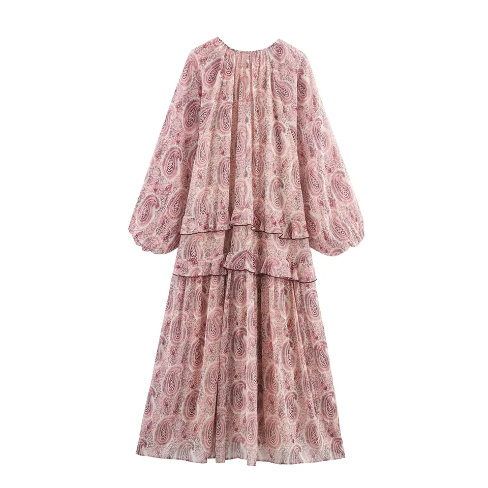 BM&MD&ZA2025Temperament Layered Decorative Printing Loose Long Sleeve V-Neck Dress Summer New Arrival Women's Clothing