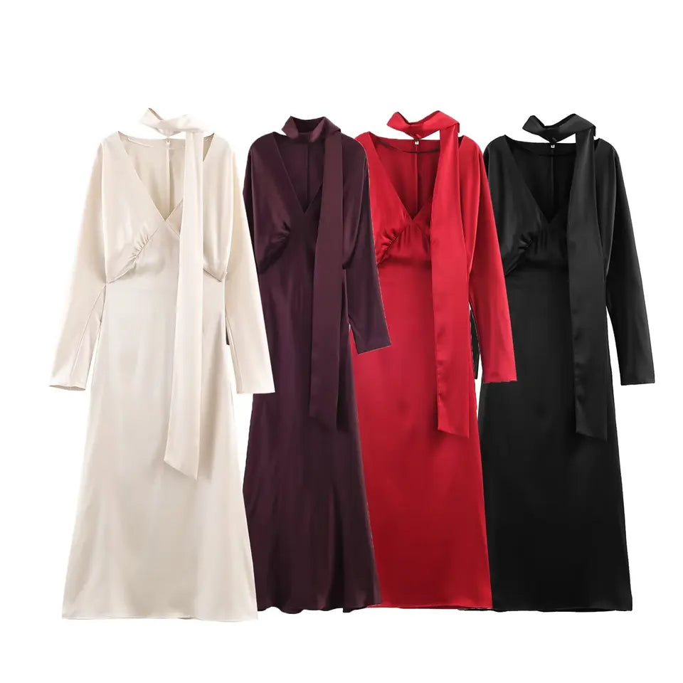 2025 New Women Fashion Satin V neck Dress Long Dresses With Scarf Chic Elegant Dresses Women Long Sleeve Casual Dress