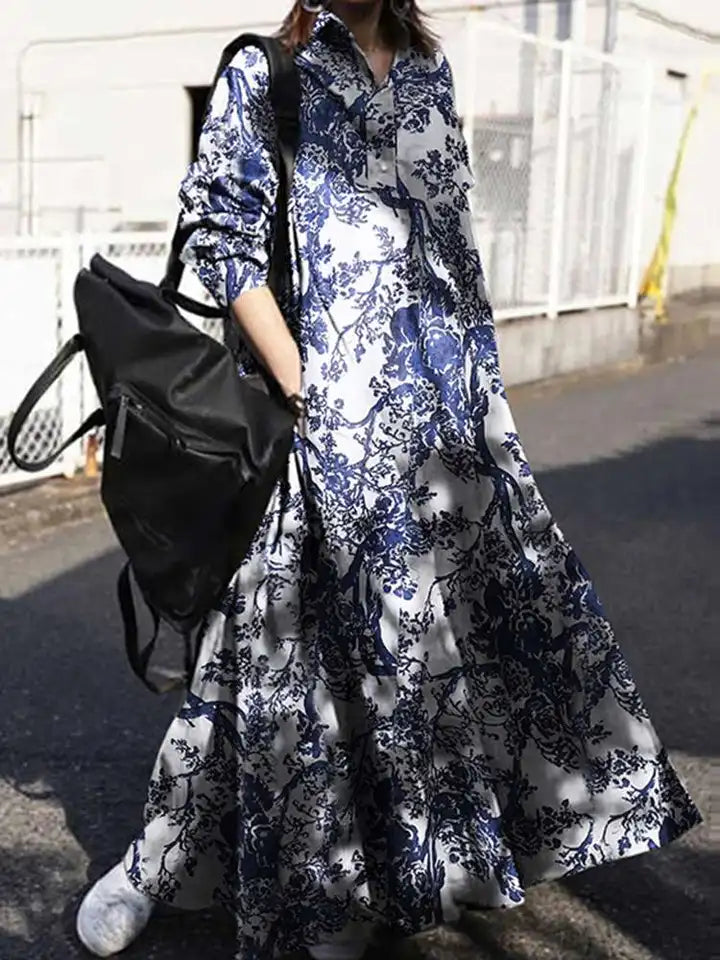 2024 Autumn Maxi Sundress ZANZEA Vintage Long Shirt Dress Women Floral Printed Cotton Long Sleeve Vestidos Female Holiday Robe