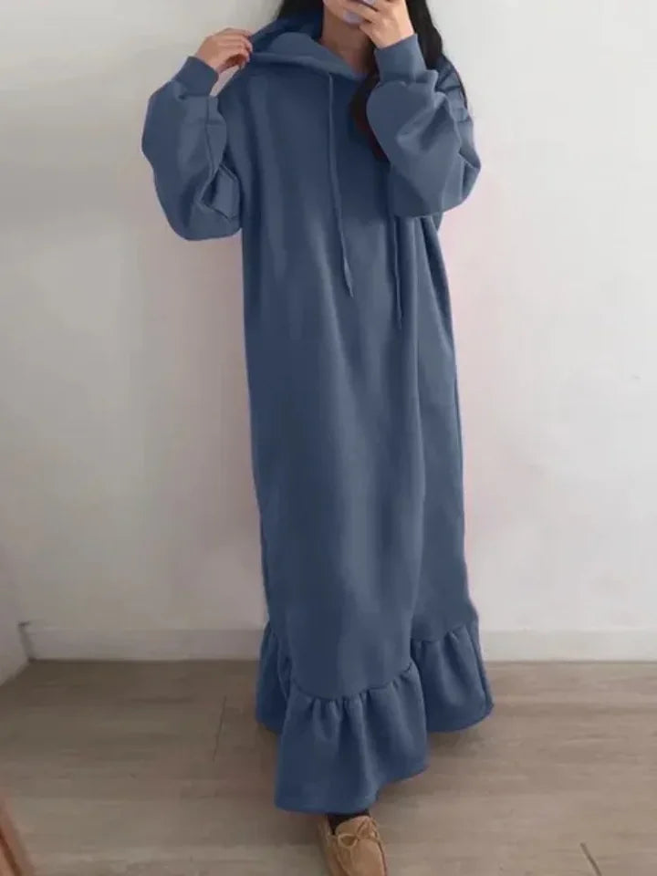 2024 Autumn and Winter New Women's Elegant Loose Long Dress Solid Color Hooded Commuting Style Straight Pocket Long Hoodie