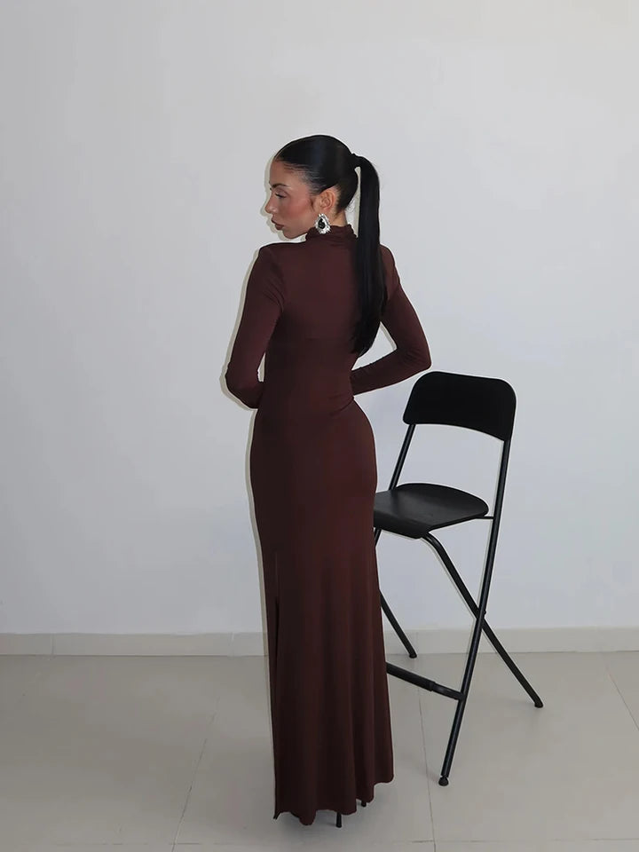 Ahagaga Sexy Sheath Women's Maxi Dresses Solid Turtleneck Regular Long Sleeves Hollow Out Slim Fit Bodycon Party Vestidos Robes