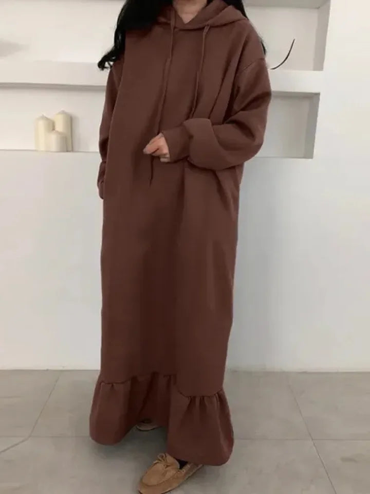 2024 Autumn and Winter New Women's Elegant Loose Long Dress Solid Color Hooded Commuting Style Straight Pocket Long Hoodie