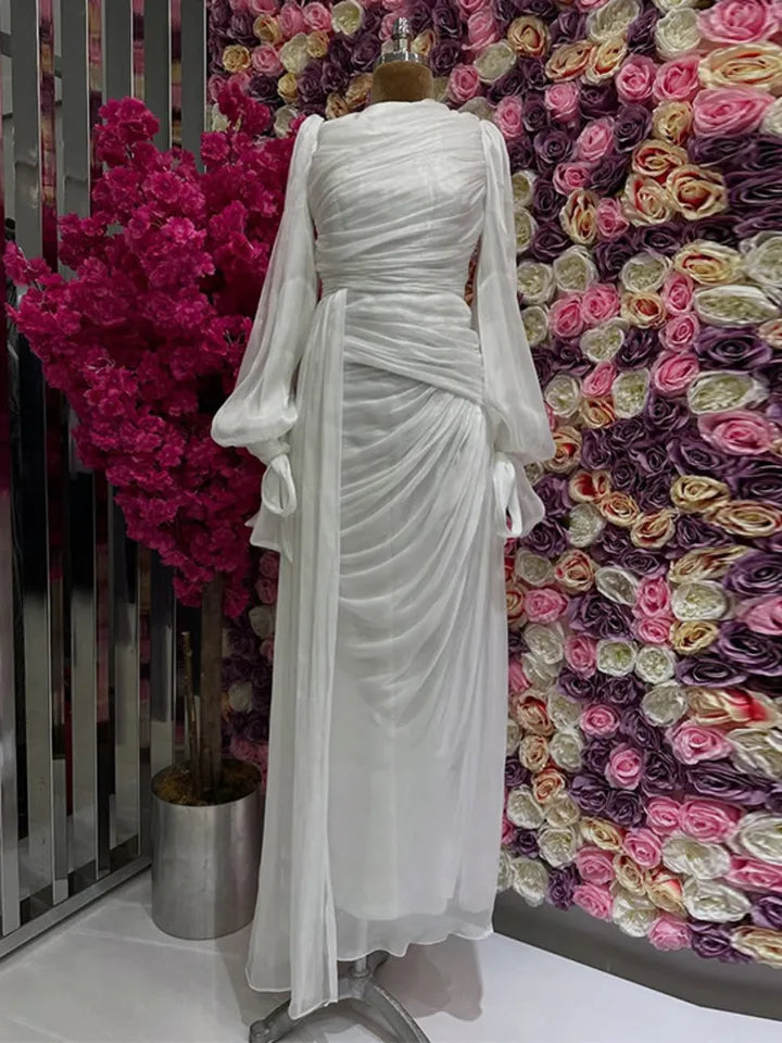 LGRQ 2025 new autumn and winter round neck pleated fold floor length party dress lantern sleeves high waist vestido