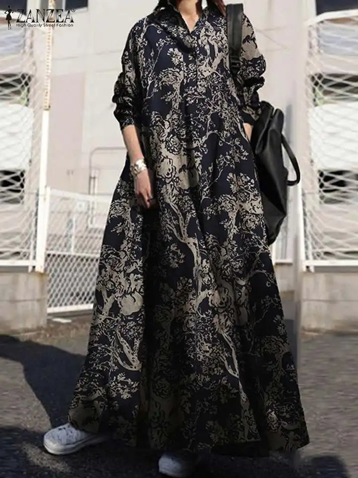 2024 Autumn Maxi Sundress ZANZEA Vintage Long Shirt Dress Women Floral Printed Cotton Long Sleeve Vestidos Female Holiday Robe
